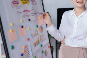 Group of Business people meeting creative planning and development strategy using graphs, charts, presented at company sales strategy marketing meeting.