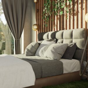 Cozy modern bedroom, inspiration from nature, eco style, natural products. Green plants, grass