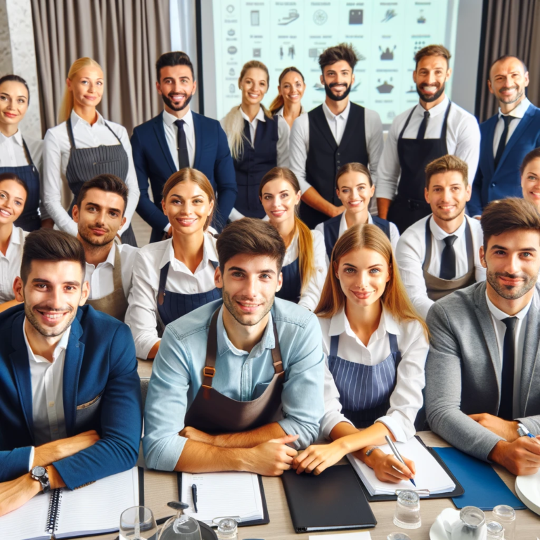 Grup de angajați HORECA în timpul unui training, zâmbind și pregătiți pentru noi provocări.